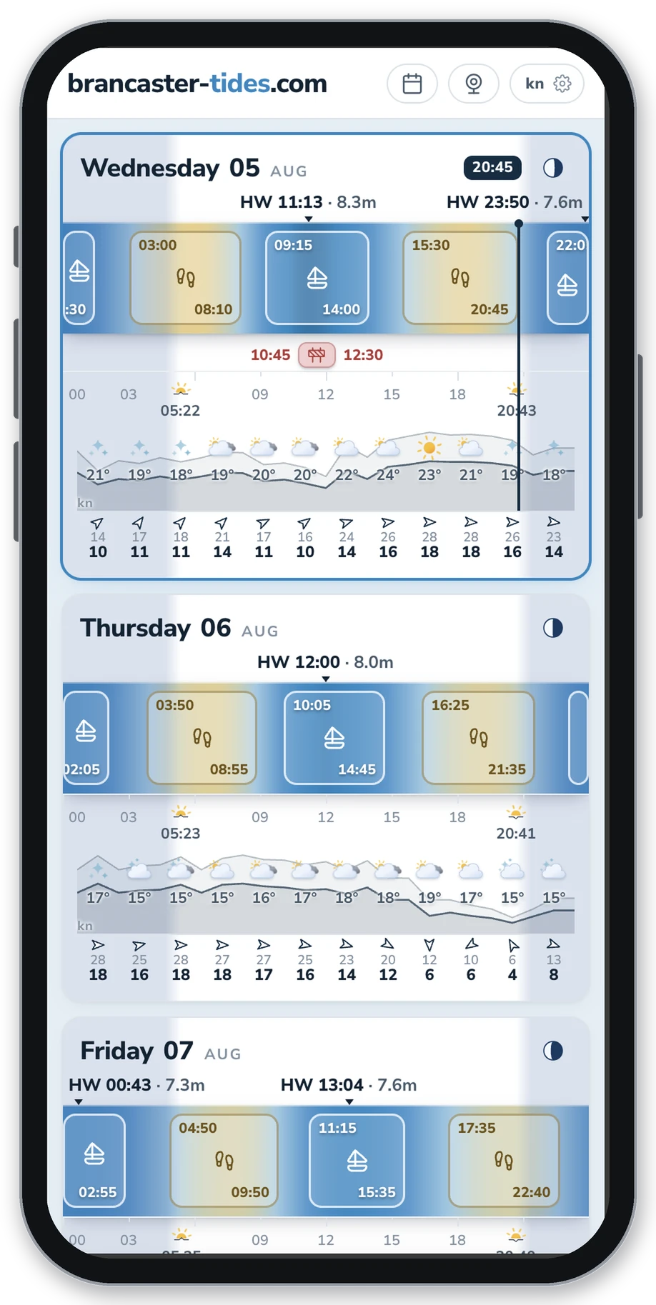 Brancaster Tides day cards on a phone, showing tide gradient, harbour windows and wind forecast.