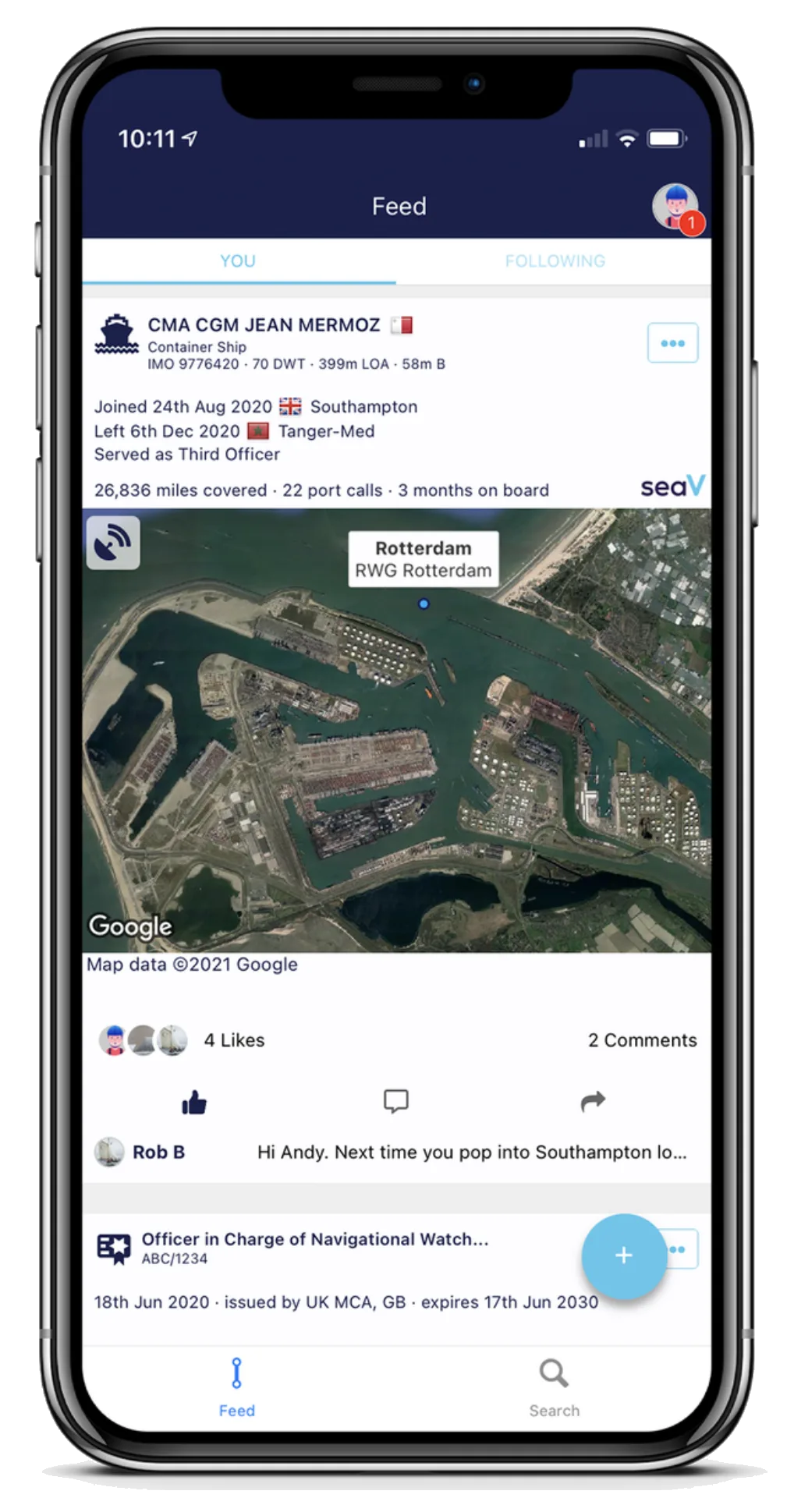seaV digital logbook on mobile, showing logged sea time.